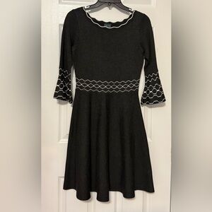 Gabby Skye Small Fit & Flare Dress Charcoal Bell Sleeve Geometric Waist Knit